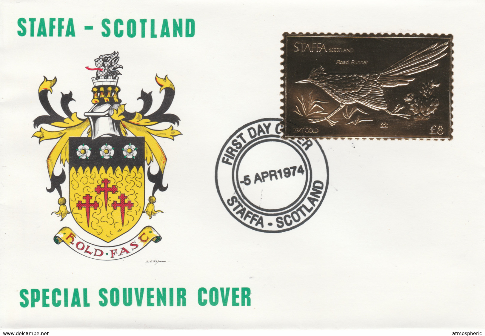 Staffa 1976 Road Runner (Female) £8 Value Perforated & Embossed In 23 Carat Gold Foil On Souvenir Cover With First Day C - Local Issues