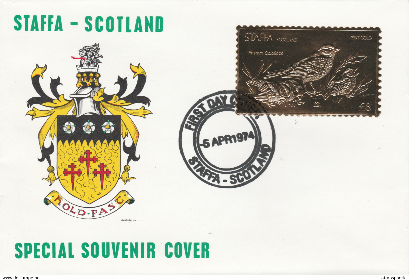 Staffa 1976 Eastern Goldfinch (Male) £8 Value Perforated & Embossed In 23 Carat Gold Foil On Souvenir Cover With First D - Local Issues