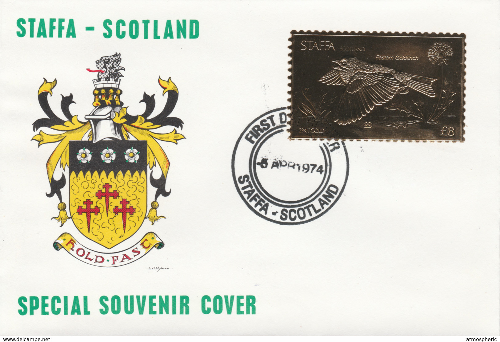 Staffa 1976 Eastern Goldfinch (Female) £8 Value Perforated & Embossed In 23 Carat Gold Foil On Souvenir Cover With First - Local Issues