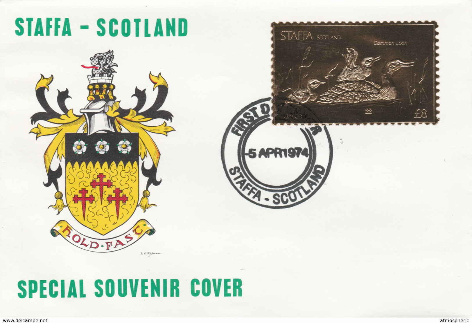Staffa 1976 Common Loon (Male) £8 Value Perforated & Embossed In 23 Carat Gold Foil On Souvenir Cover With First Day Can - Local Issues