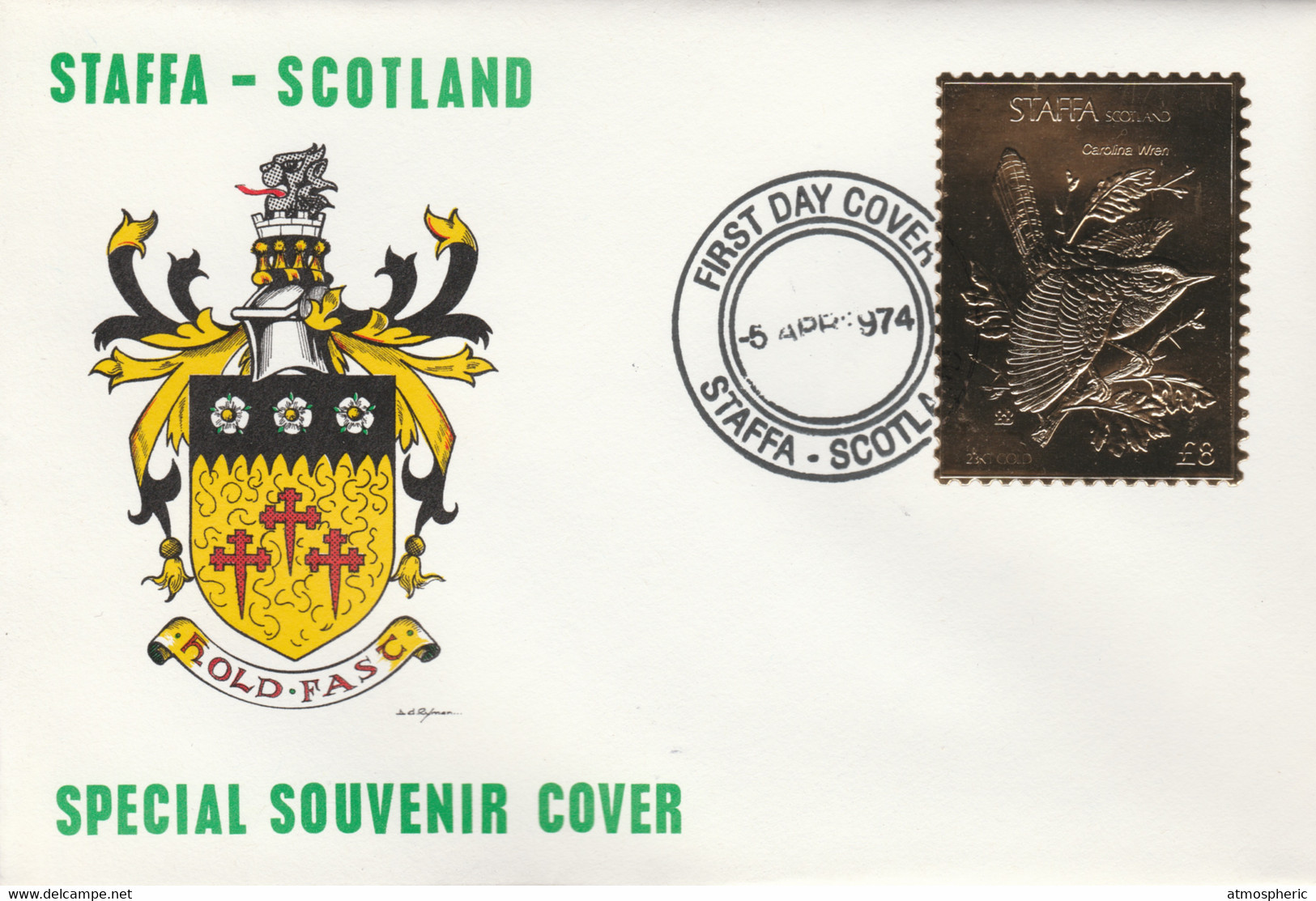 Staffa 1976 Carolina Wren (Male) £8 Value Perforated & Embossed In 23 Carat Gold Foil On Souvenir Cover With First Day C - Local Issues