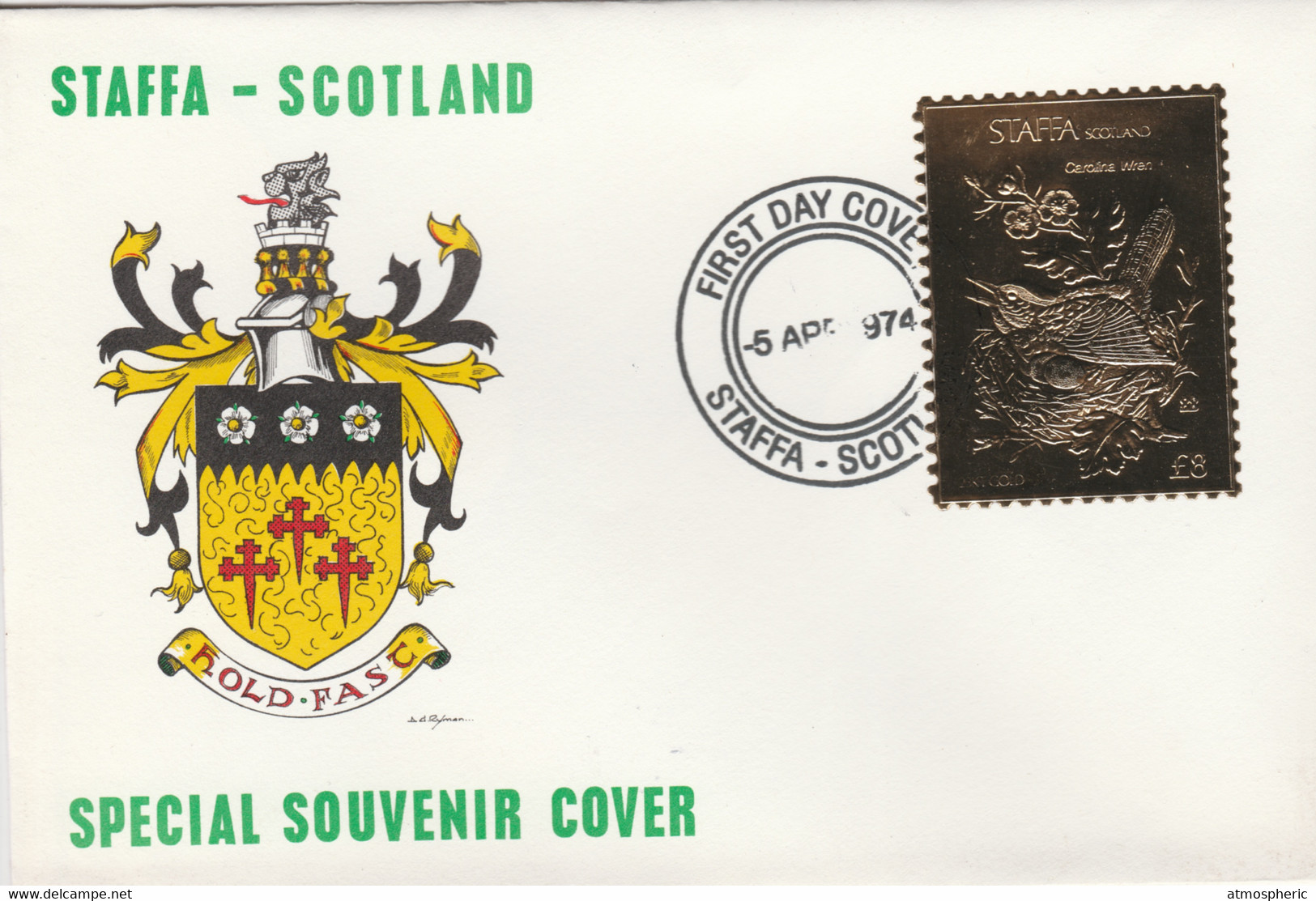 Staffa 1976 Carolina Wren (Female) £8 Value Perforated & Embossed In 23 Carat Gold Foil On Souvenir Cover With First Day - Local Issues