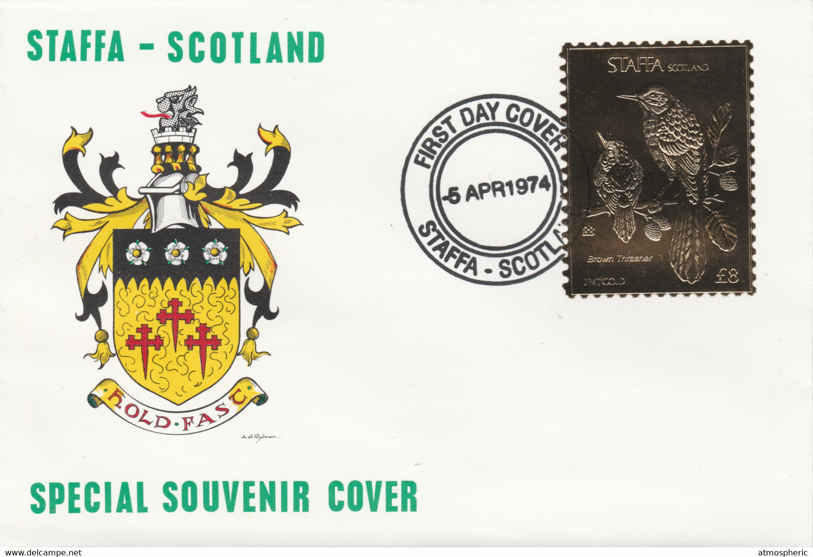 Staffa 1976 Brown Thrasher (Female) £8 Value Perforated & Embossed In 23 Carat Gold Foil On Souvenir Cover With First Da - Local Issues