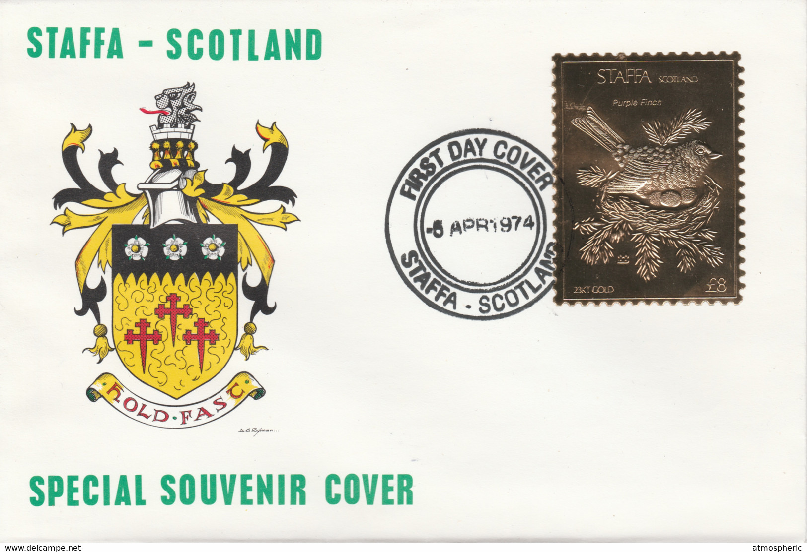 Staffa 1976 Purple Finch (Male) £8 Value Perforated & Embossed In 23 Carat Gold Foil On Souvenir Cover With First Day Ca - Local Issues