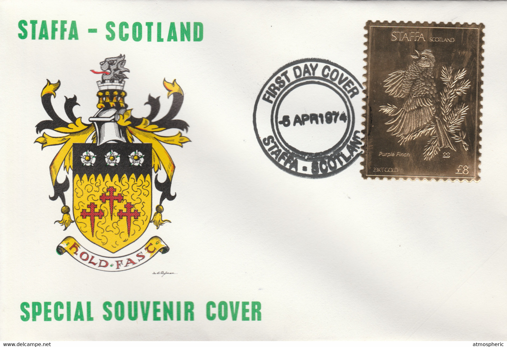 Staffa 1976 Purple Finch (Female) £8 Value Perforated & Embossed In 23 Carat Gold Foil On Souvenir Cover With First Day - Local Issues