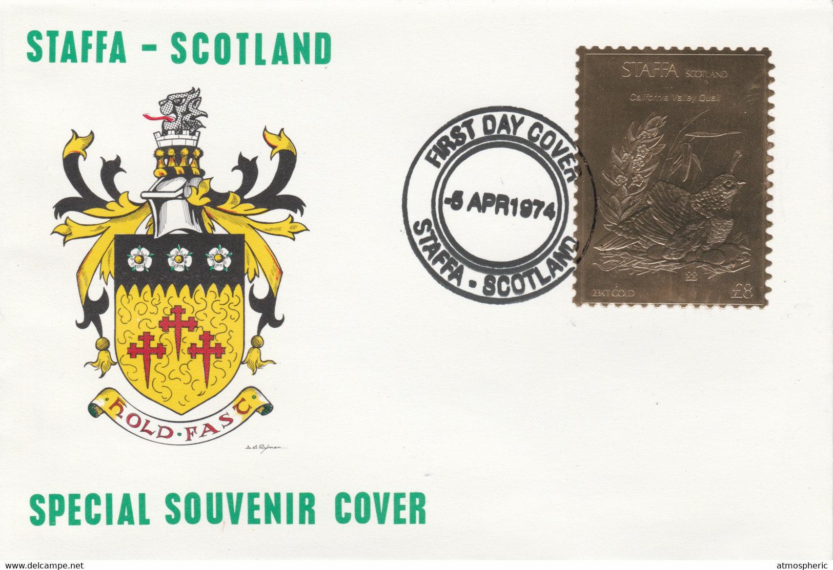 Staffa 1976 California Valley Quail (Male) £8 Value Perforated & Embossed In 23 Carat Gold Foil On Souvenir Cover With F - Local Issues