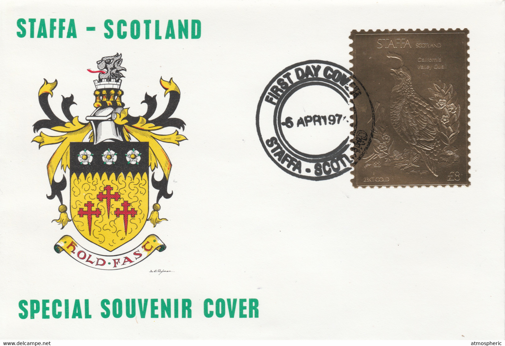 Staffa 1976 California Valley Quail (Female) £8 Value Perforated & Embossed In 23 Carat Gold Foil On Souvenir Cover With - Local Issues