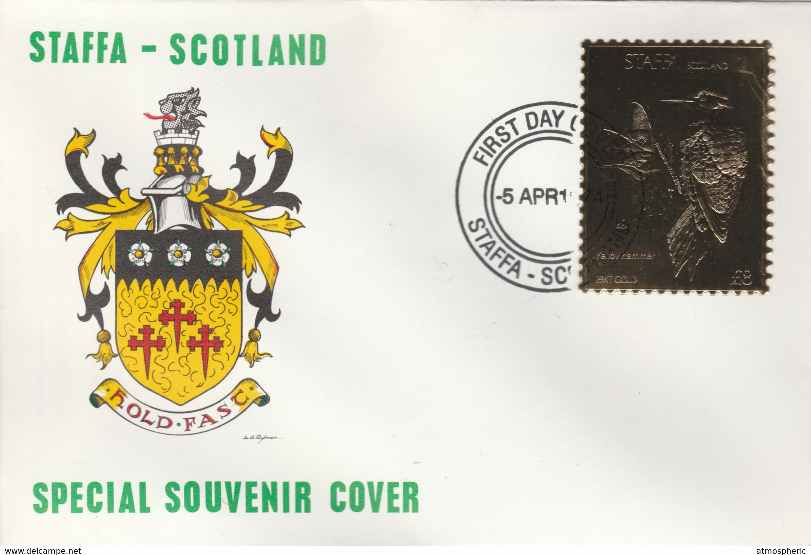 Staffa 1976 Yellow Hammer (Male) £8 Value Perforated & Embossed In 23 Carat Gold Foil On Souvenir Cover With First Day C - Local Issues