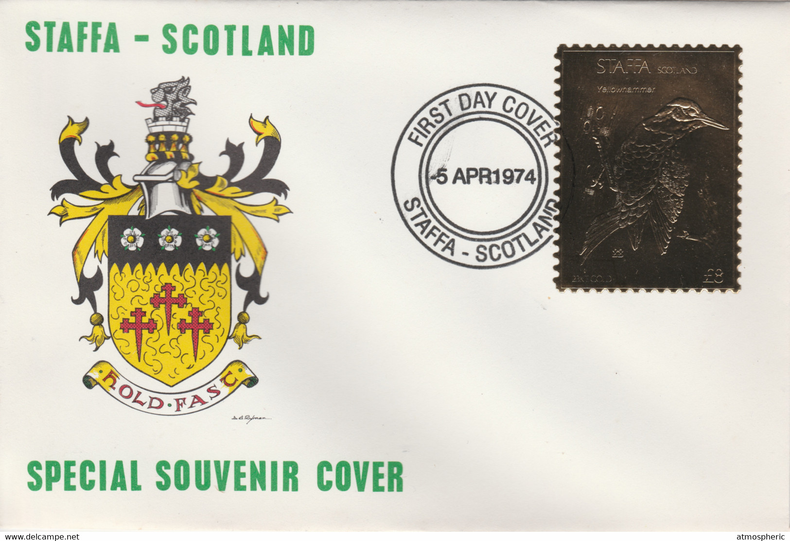 Staffa 1976 Yellow Hammer (Female) £8 Value Perforated & Embossed In 23 Carat Gold Foil On Souvenir Cover With First Day - Local Issues