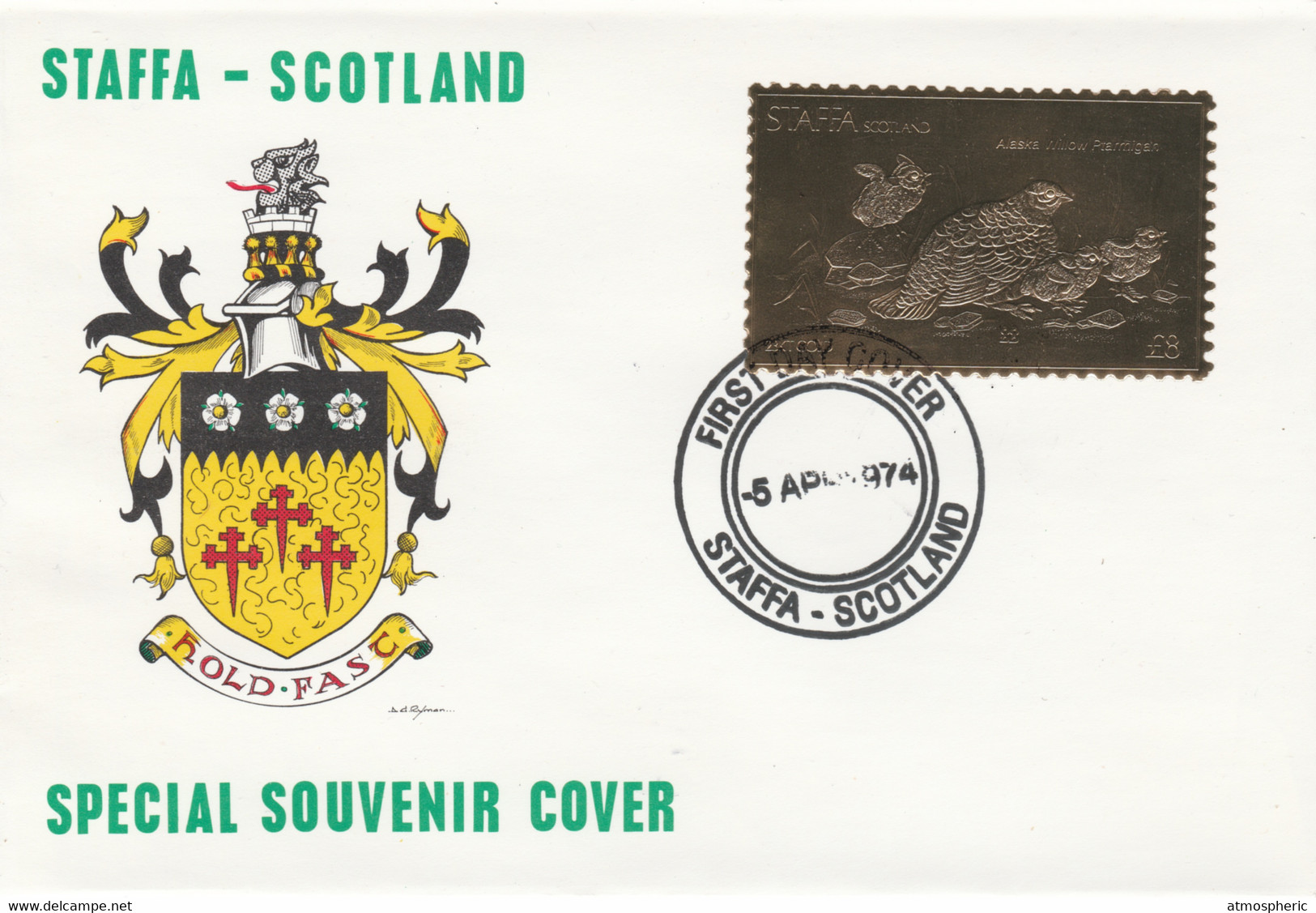 Staffa 1976 Alaska Willow Ptarmigan (Male) £8 Value Perforated & Embossed In 23 Carat Gold Foil On Souvenir Cover With F - Local Issues