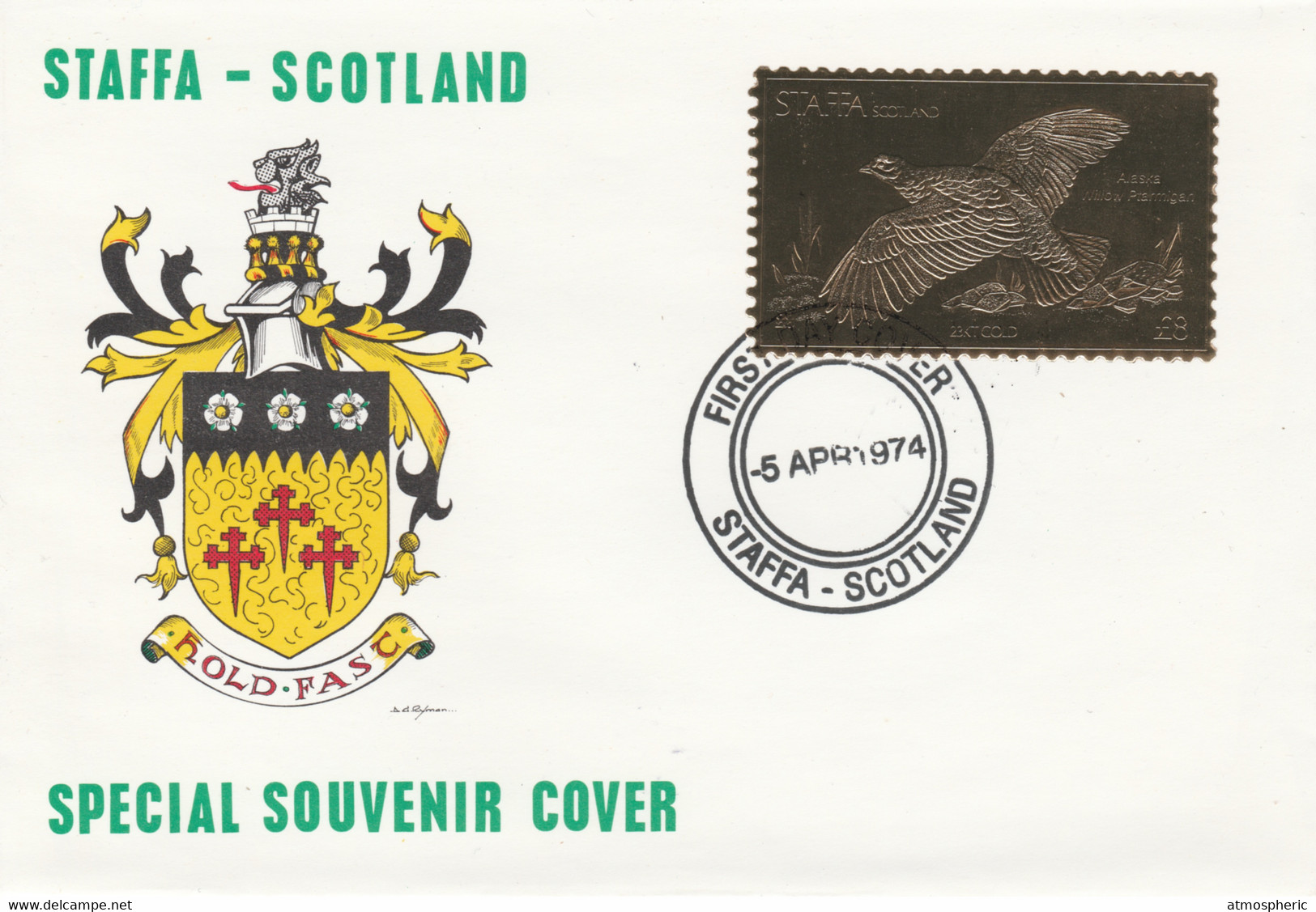 Staffa 1976 Alaska Willow Ptarmigan (Female) £8 Value Perforated & Embossed In 23 Carat Gold Foil On Souvenir Cover With - Local Issues
