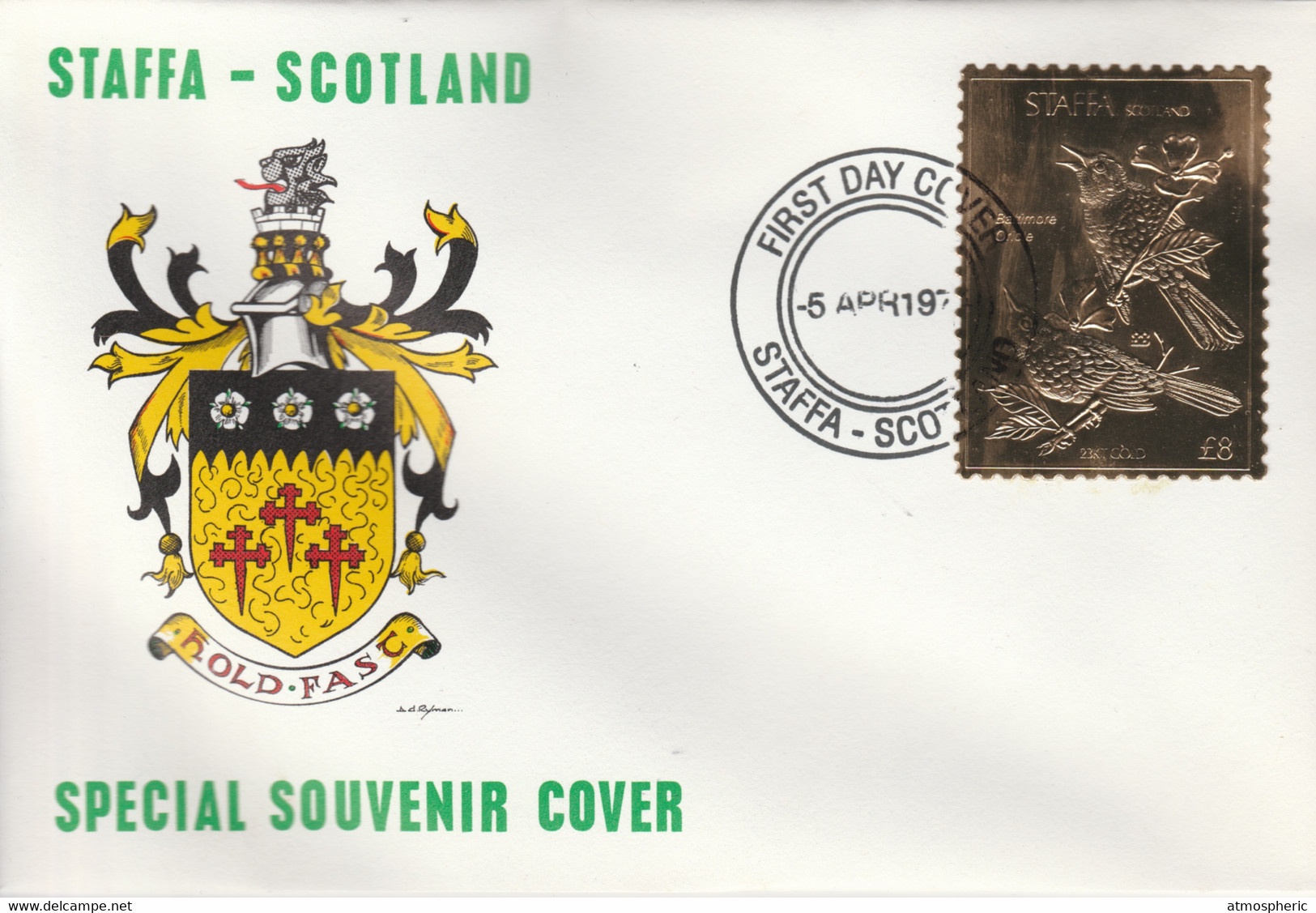 Staffa 1976 Baltimore Oriole (Female) £8 Value Perforated & Embossed In 23 Carat Gold Foil On Souvenir Cover With First - Local Issues