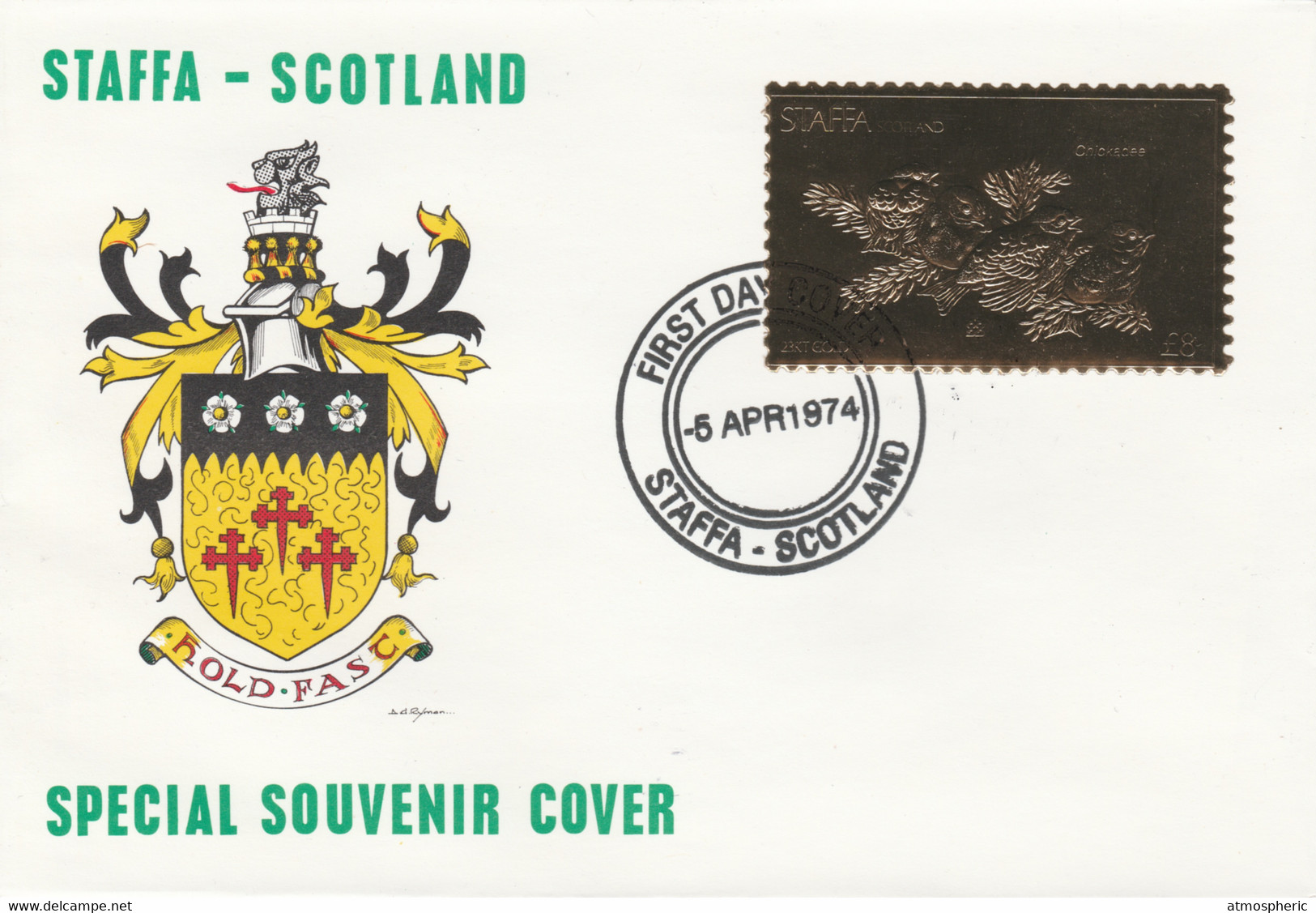 Staffa 1976 Chickadee (Male) £8 Value Perforated & Embossed In 23 Carat Gold Foil On Souvenir Cover With First Day Cance - Local Issues
