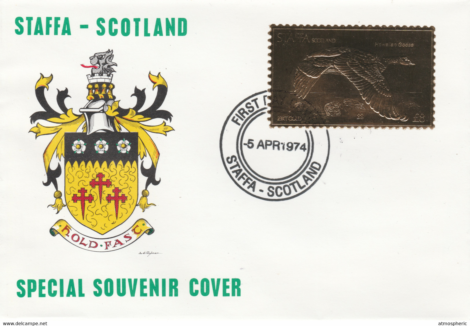 Staffa 1976 Hawaiian Goose (Female) £8 Value Perforated & Embossed In 23 Carat Gold Foil On Souvenir Cover With First Da - Local Issues