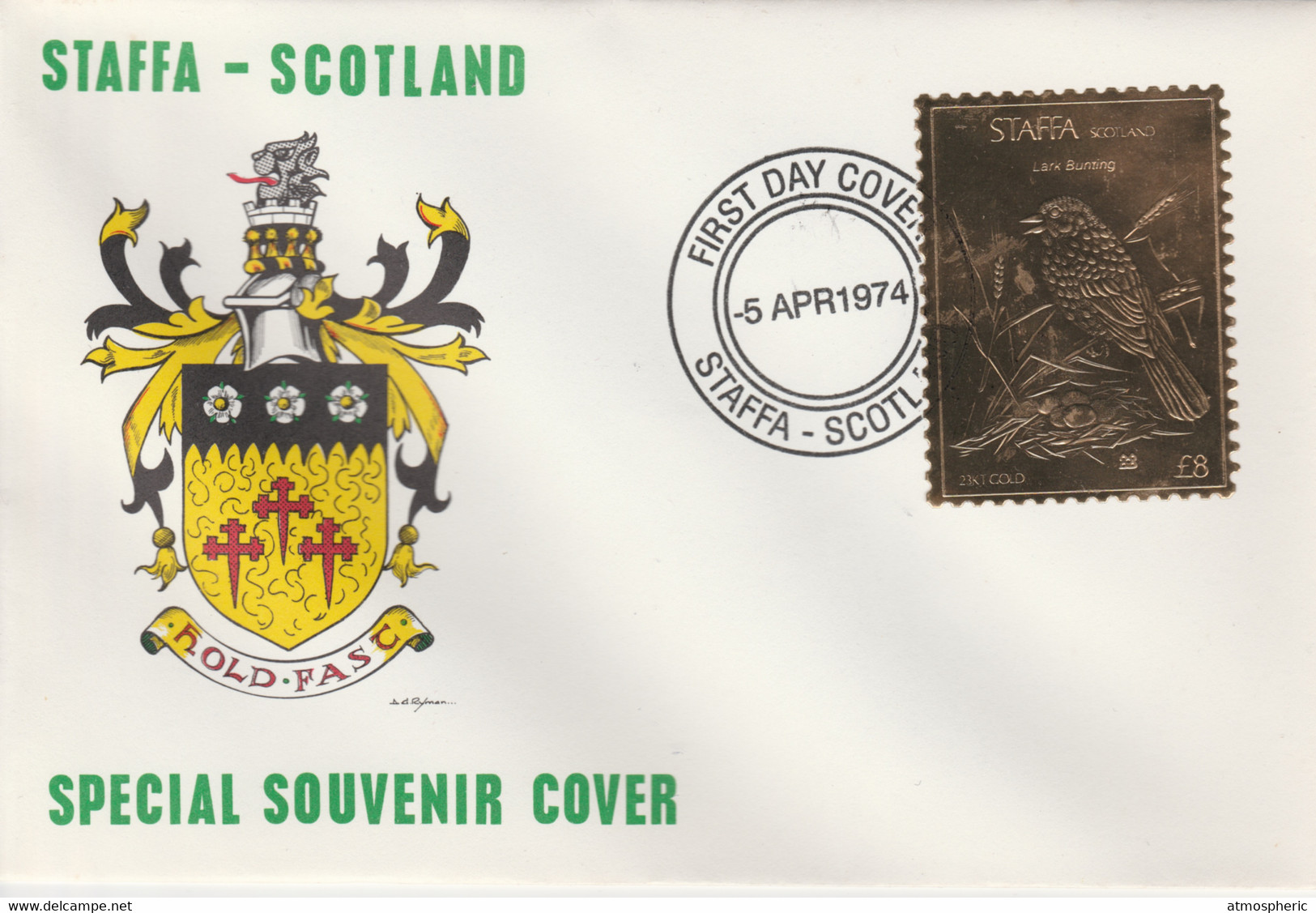 Staffa 1976 Lark Bunting (Male) £8 Value Perforated & Embossed In 23 Carat Gold Foil On Souvenir Cover With First Day Ca - Local Issues