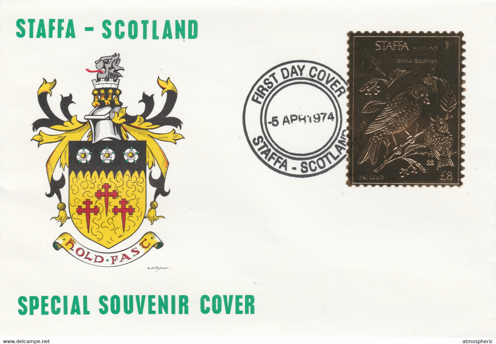 Staffa 1976 Willow Goldfinch (Male) £8 Value Perforated & Embossed In 23 Carat Gold Foil On Souvenir Cover With First Da - Local Issues