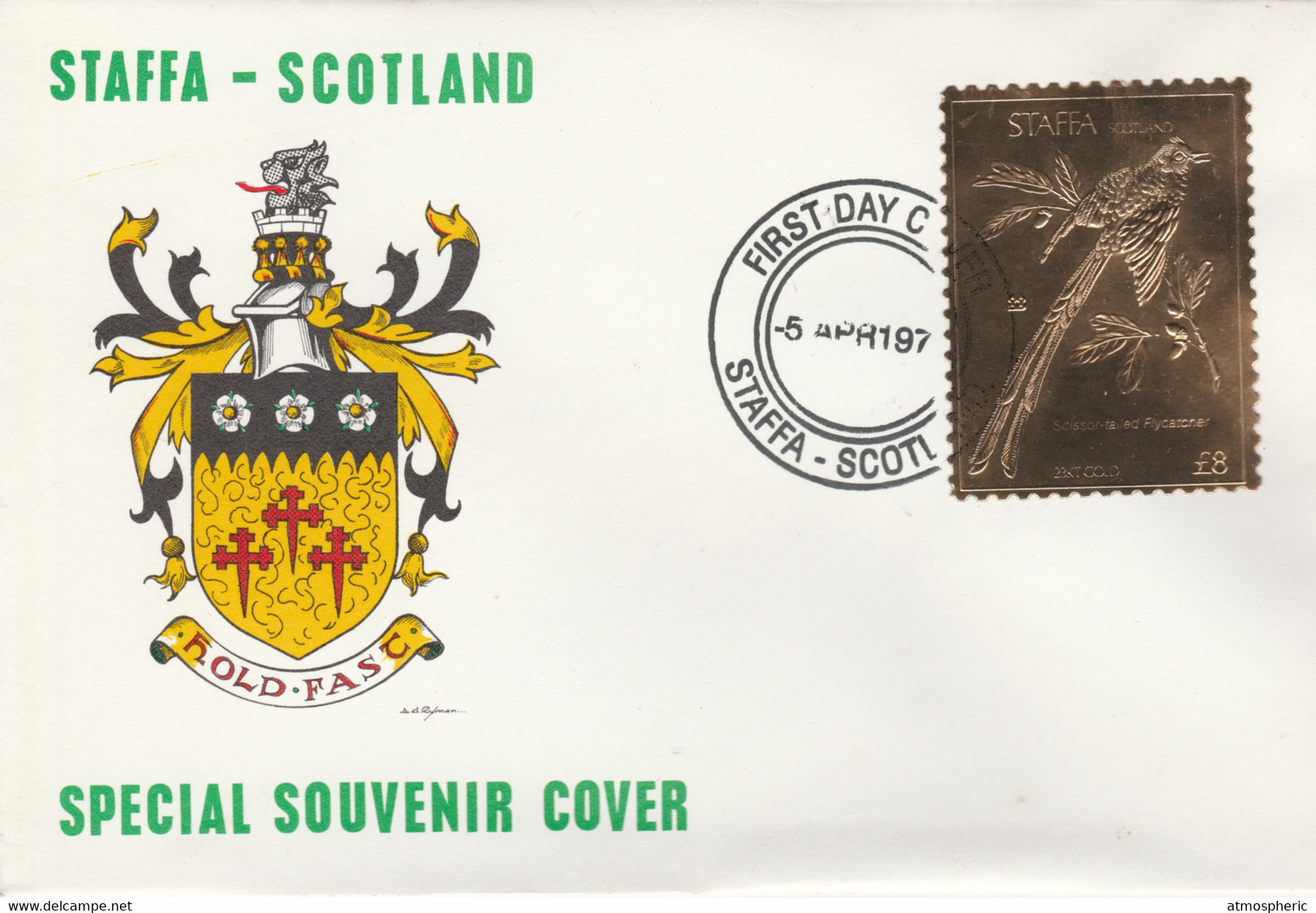 Staffa 1976 Scissor Tailed Flycatcher (Female) £8 Value Perforated & Embossed In 23 Carat Gold Foil On Souvenir Cover Wi - Local Issues