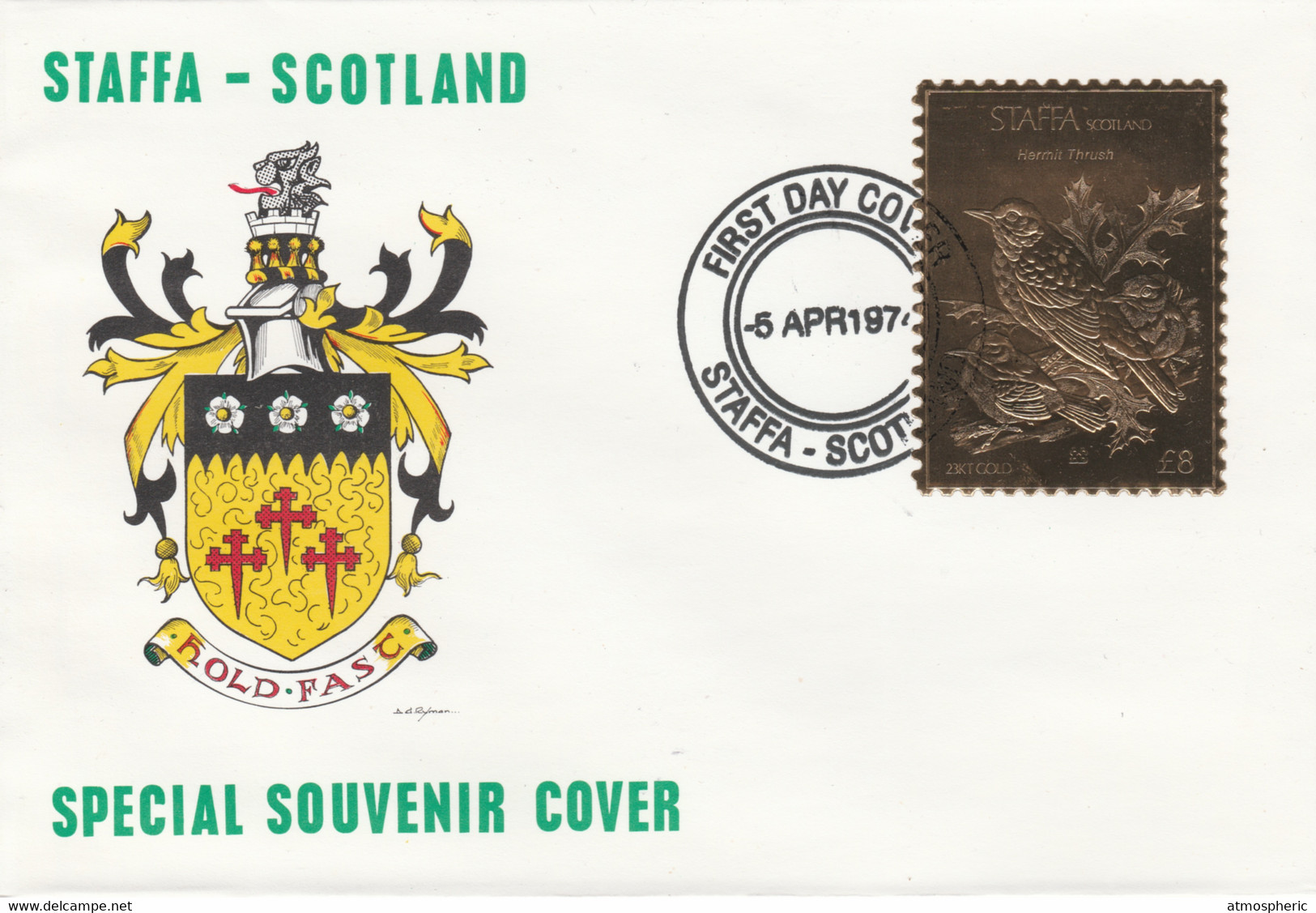 Staffa 1976 Hermit Thrush (Female) £8 Value Perforated & Embossed In 23 Carat Gold Foil On Souvenir Cover With First Day - Local Issues