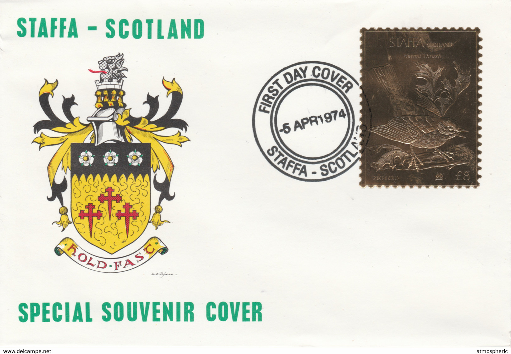 Staffa 1976 Hermit Thrush (Male) £8 Value Perforated & Embossed In 23 Carat Gold Foil On Souvenir Cover With First Day C - Local Issues