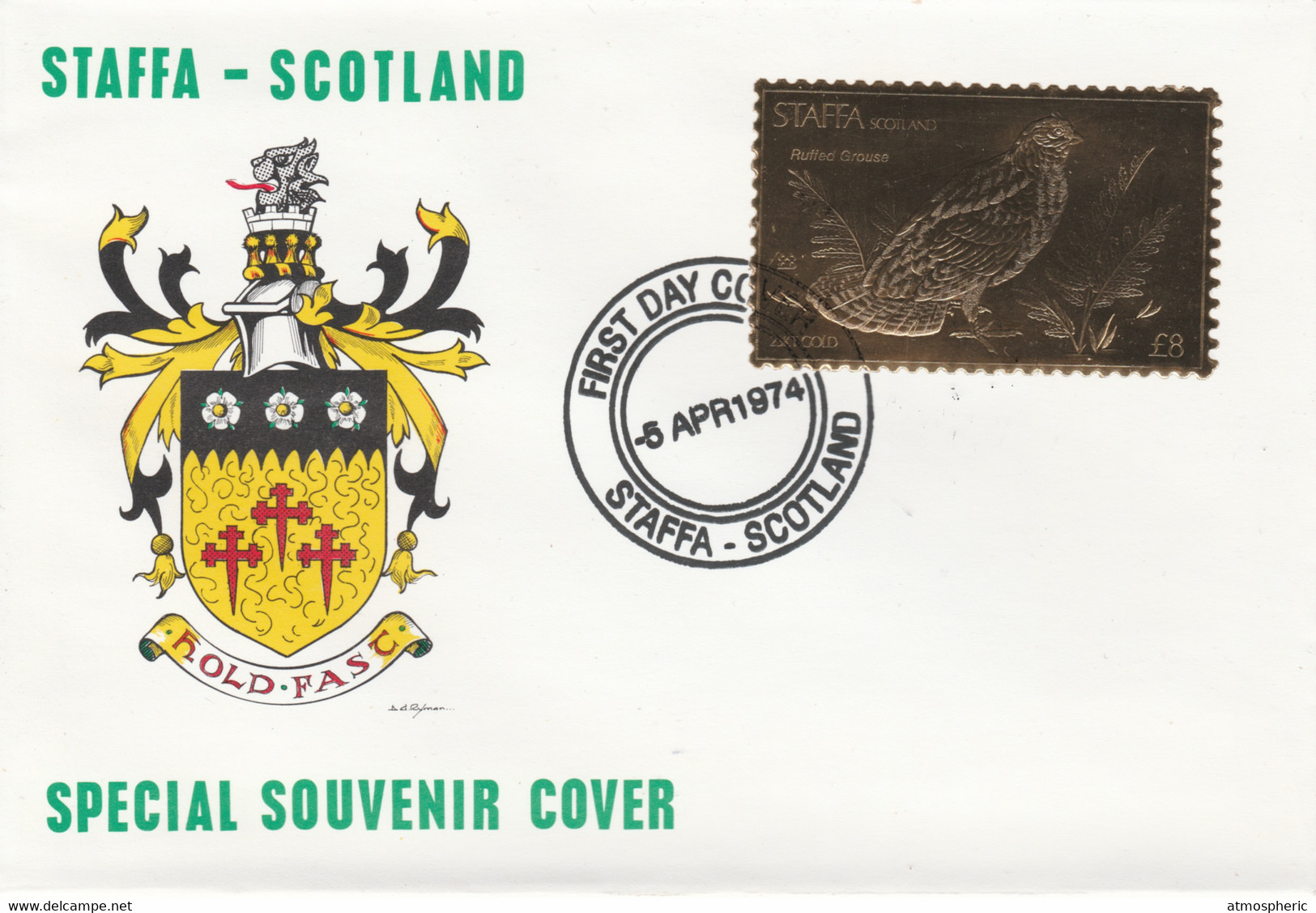 Staffa 1976 Ruffed Grouse (Male) £8 Value Perforated & Embossed In 23 Carat Gold Foil On Souvenir Cover With First Day C - Local Issues