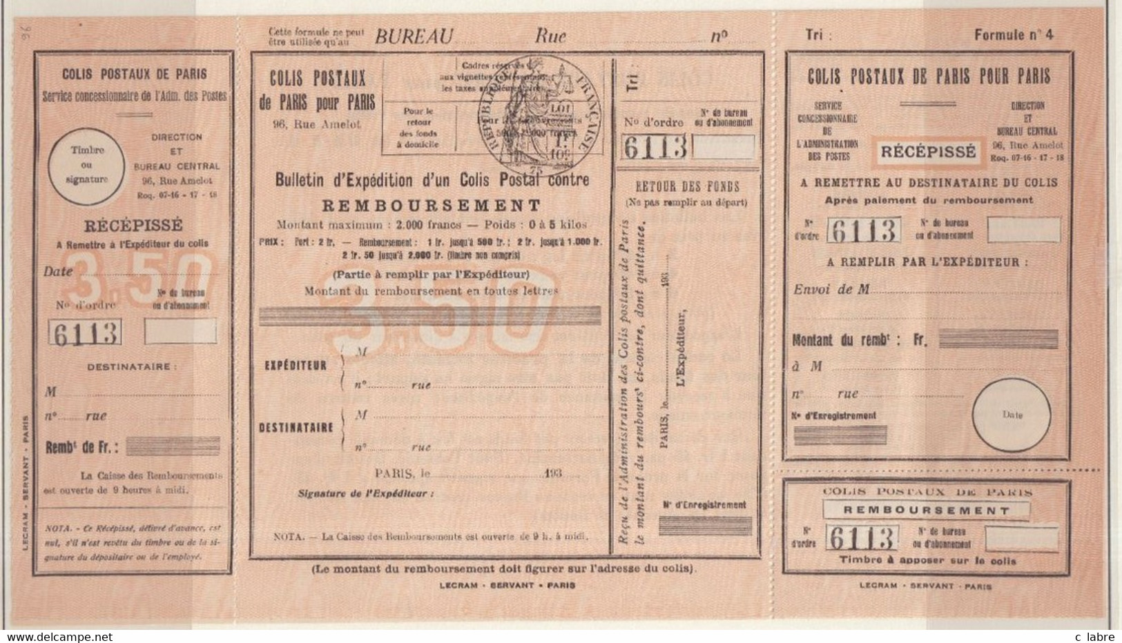 FRANCE : COLIS POSTAUX . DE PARIS POUR PARIS . N° 175 . SPINK . 4 VOLETS  . 1930 . - Ungebraucht