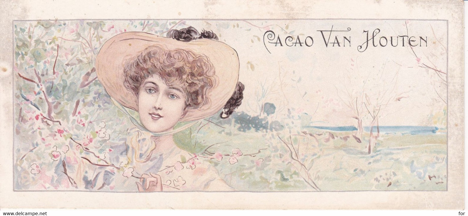 Chromo : VAN HOUTEN : Cacao : Femme  à  Chapeau : Art Nouveau : Illustrateur à Identifier : Les Saisons - Van Houten
