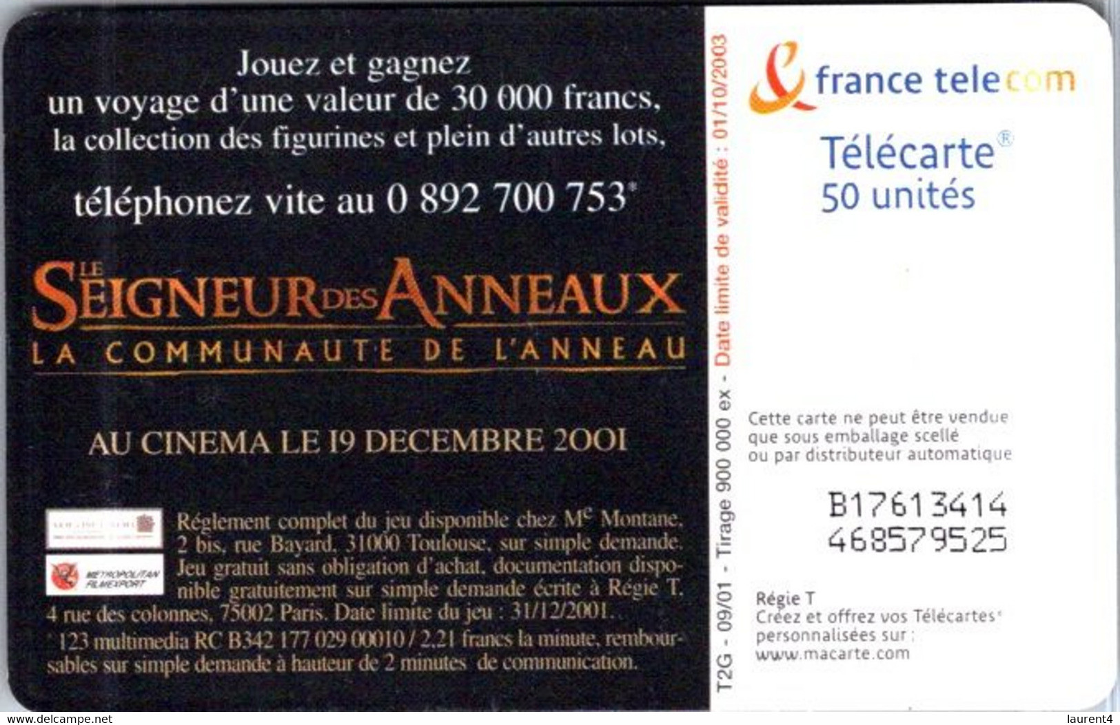 (29-09-2021 B) Phonecard -  France - (1 Phonecard) Movie - Seigneurs Des Anneaux - Lords Of The Rings - Kino