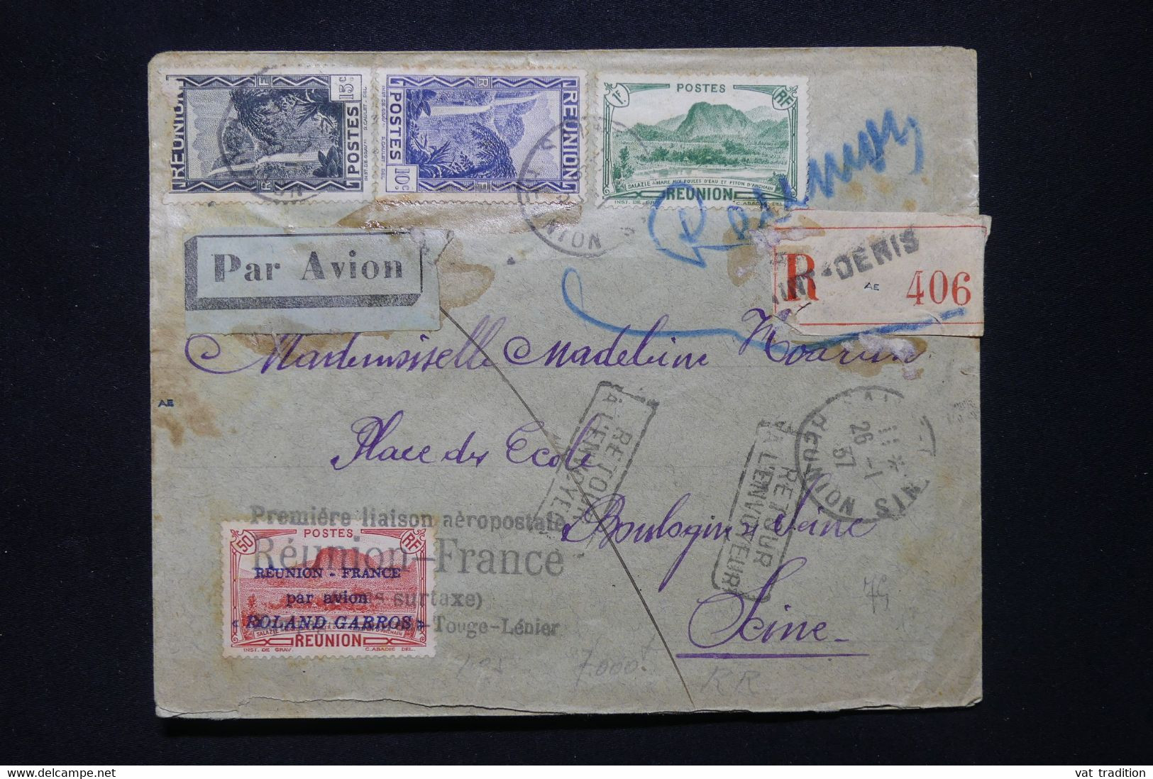 RÉUNION - PA 1 ( Surchargé ) Sur Enveloppe En Recommandé De St Denis Pour La France En 1937 Par 1er Vol - L 107289 - Lettres & Documents