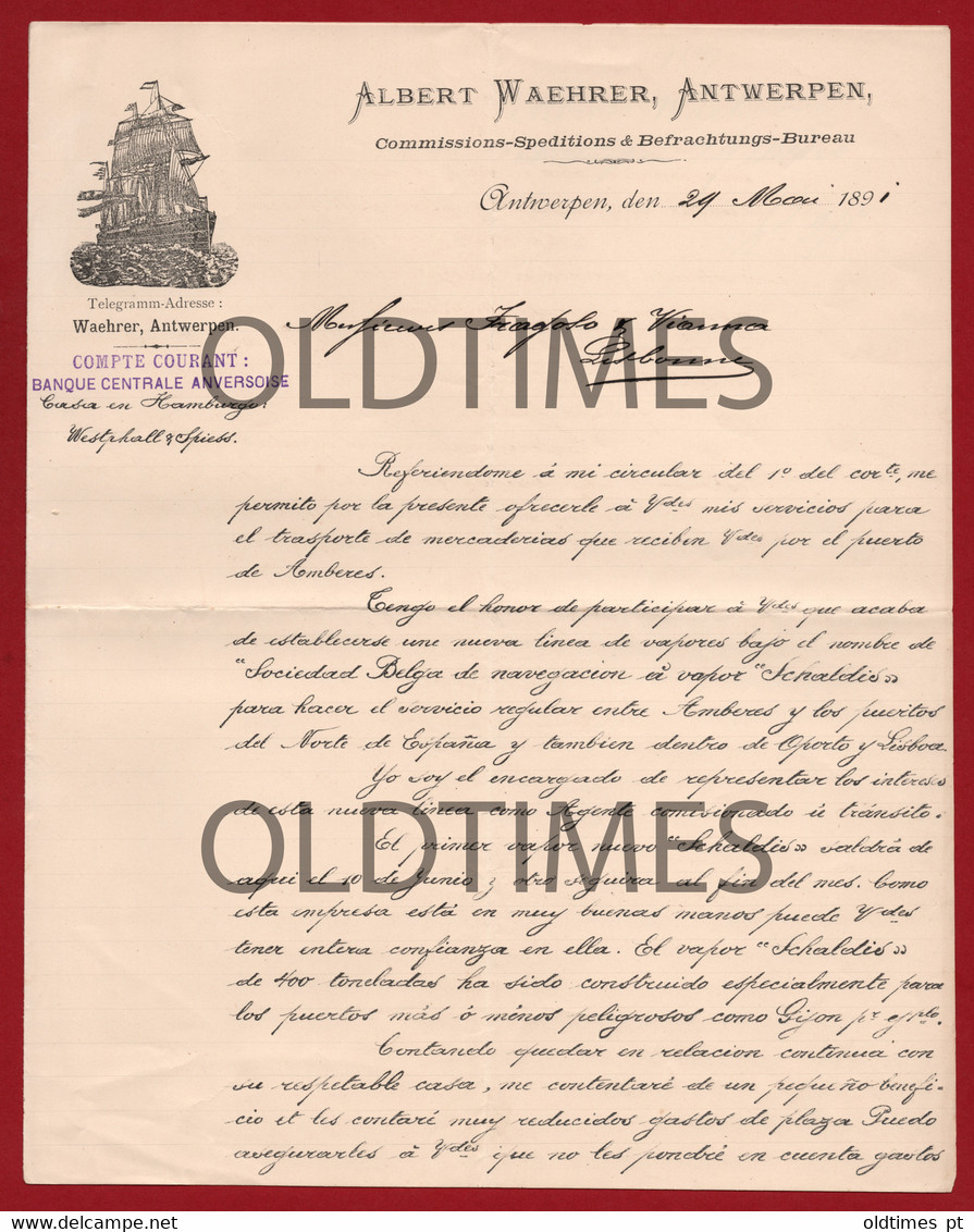 BELGIQUE - ANTWERPEN - ALBERT WAEHRER - NEW LINE SOCIEDADE BELGA DE NAVEGACAO A VAPOR - BELGIQUE - SPAIN - PORTUGAL 1891 - Pays-Bas