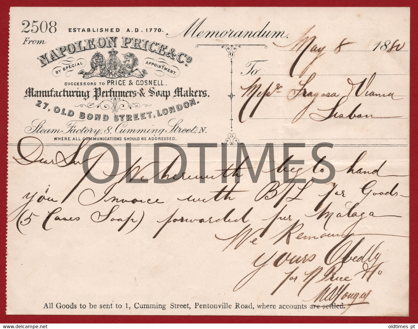 ENGLAND - LONDON - INVOICE MANUFACTURING PERFUMERS & SOAP MAKERS - " NAPOLEON PRICE & Cª " - 1880 - Pays-Bas