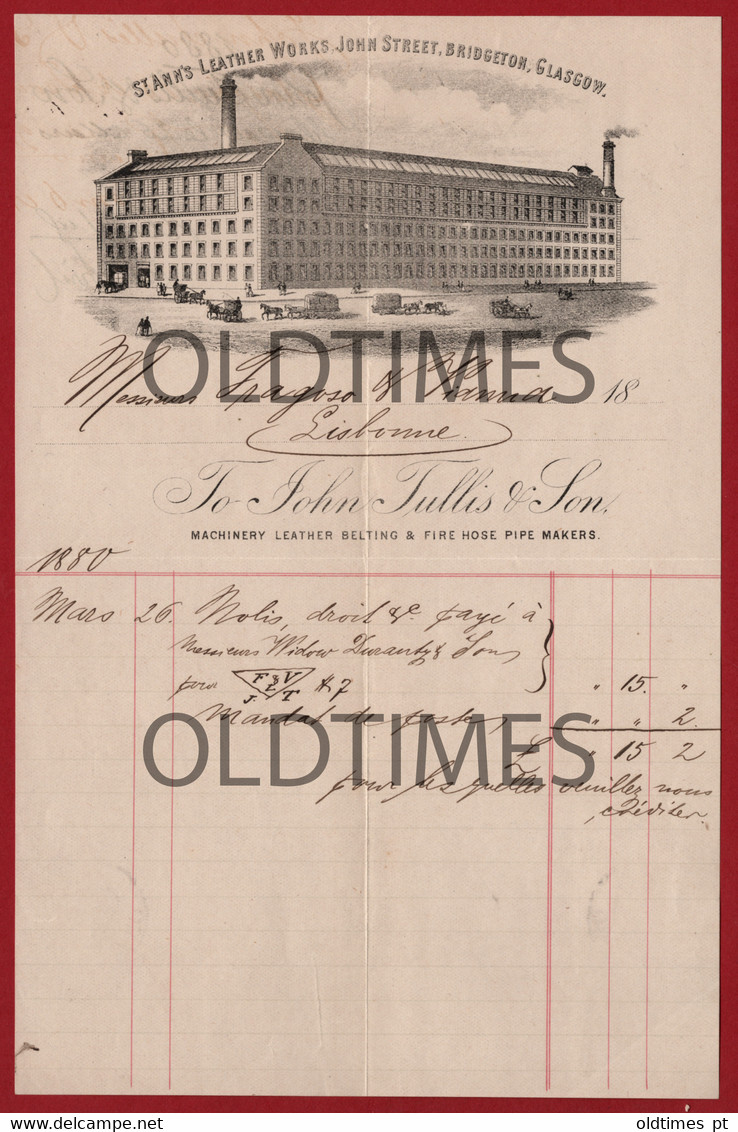 ENGLAND - GLASGOW - INVOICE - MACHINERY LEATHER BELTING & FIRE HOSE PIPE MAKERS - STANN'S LEATHER WORKS - 1880 - Pays-Bas