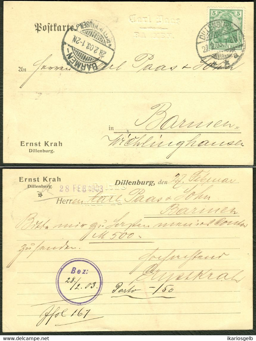 Dillenburg Lahn 1903 " Firma Ernst Krah " Frankierter Bedarf Geschäfts- Postkarte > Wichlinghausen Barmen - Dillenburg