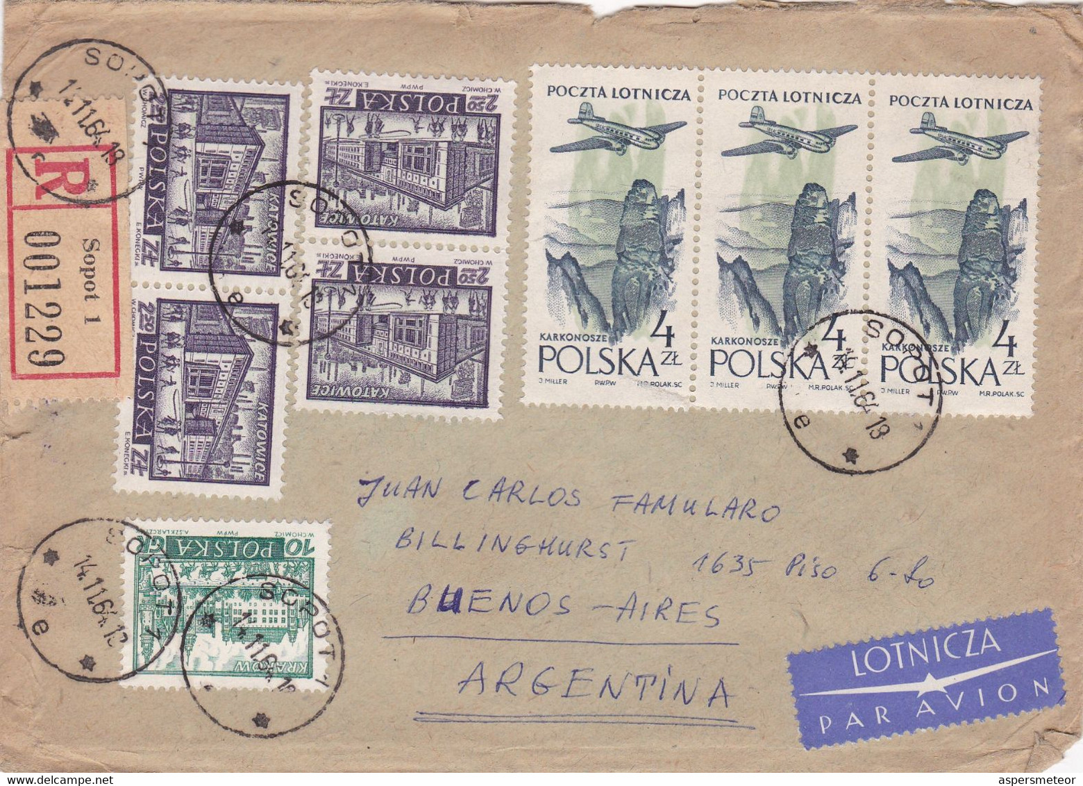 POLOGNE ENVELOPPE CIRCULEE ANNEE 1964, RECOMMANDE PAR AVION. SOPOT A BUENOS AIRES ARGENTINE- LILHU - Lettres & Documents