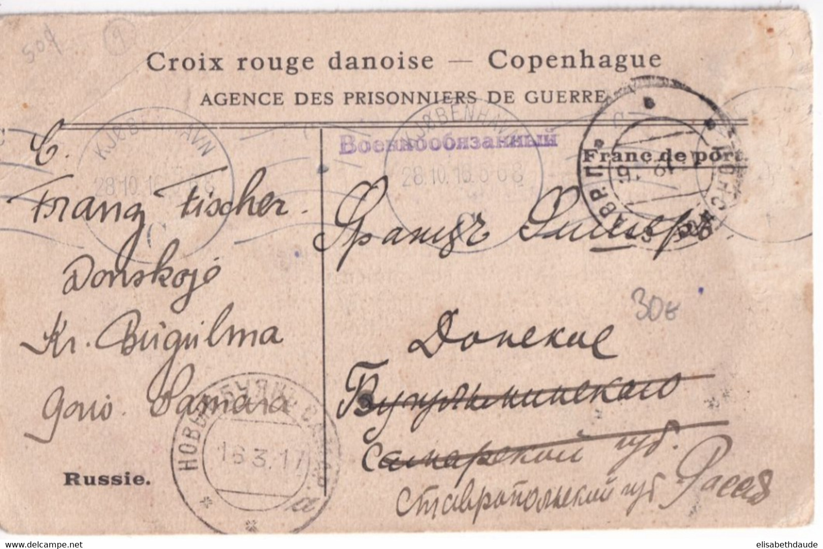 1916 - PRISONNIER De GUERRE ALLEMAND En RUSSIE - CARTE CROIX-ROUGE DANOISE => CAMP De DONSKOJE Près BOUGOULMA (SAMARA) - Croix Rouge
