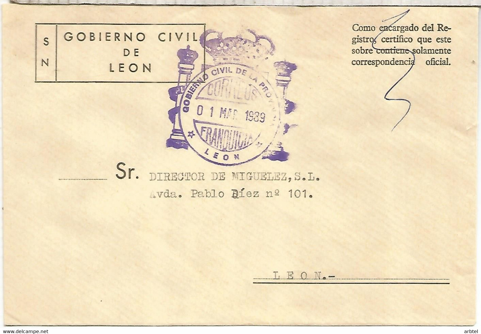 LEON CC FRANQUICIA  GOBIERNO CIVIL 1989 - Postage Free