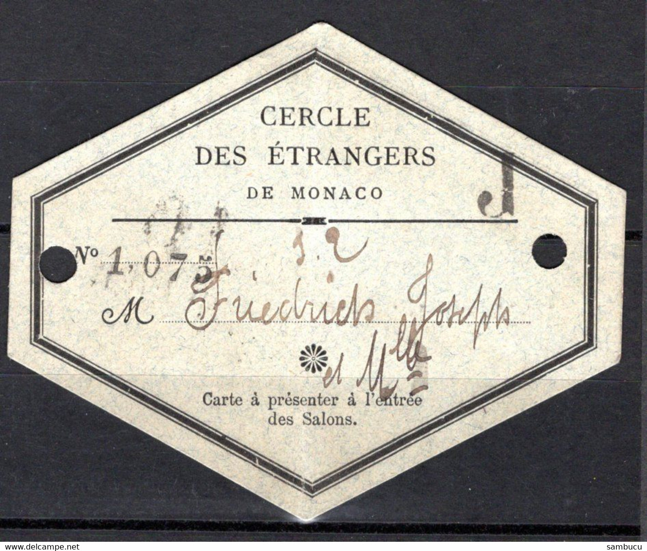 Eintrittskarte - Cercle Des Entrangers De Monaco 16. Febr. ???? - Toegangskaarten