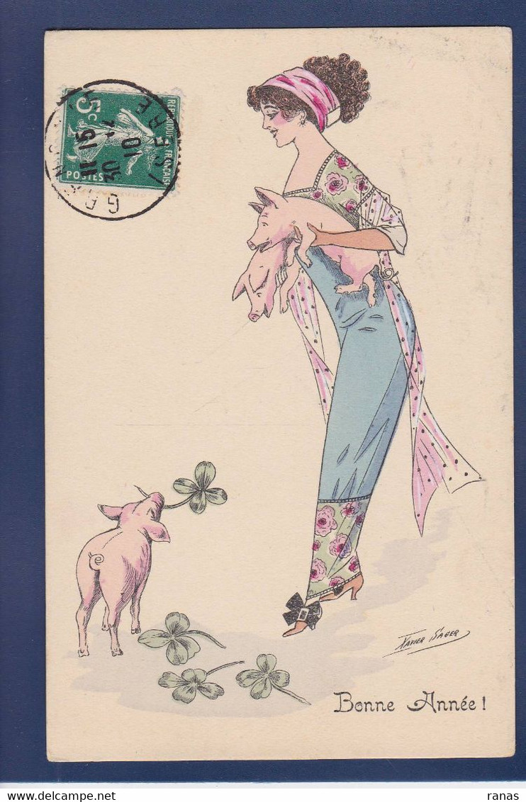 CPA Cochon Avec Femme Illustrateur Girl Woman Circulé Xavier Sager Suggestif KF 4271 - Schweine