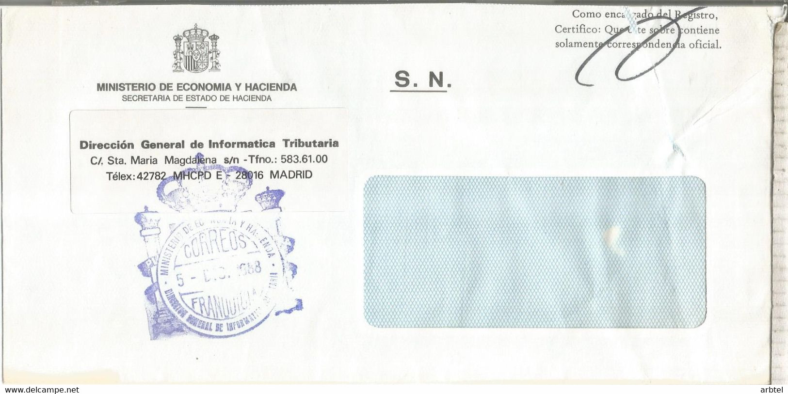 MADRID CC CON FRANQUICIA MINISTERIO DE ECONOMIA Y HACIENDA 1988 - Postage Free