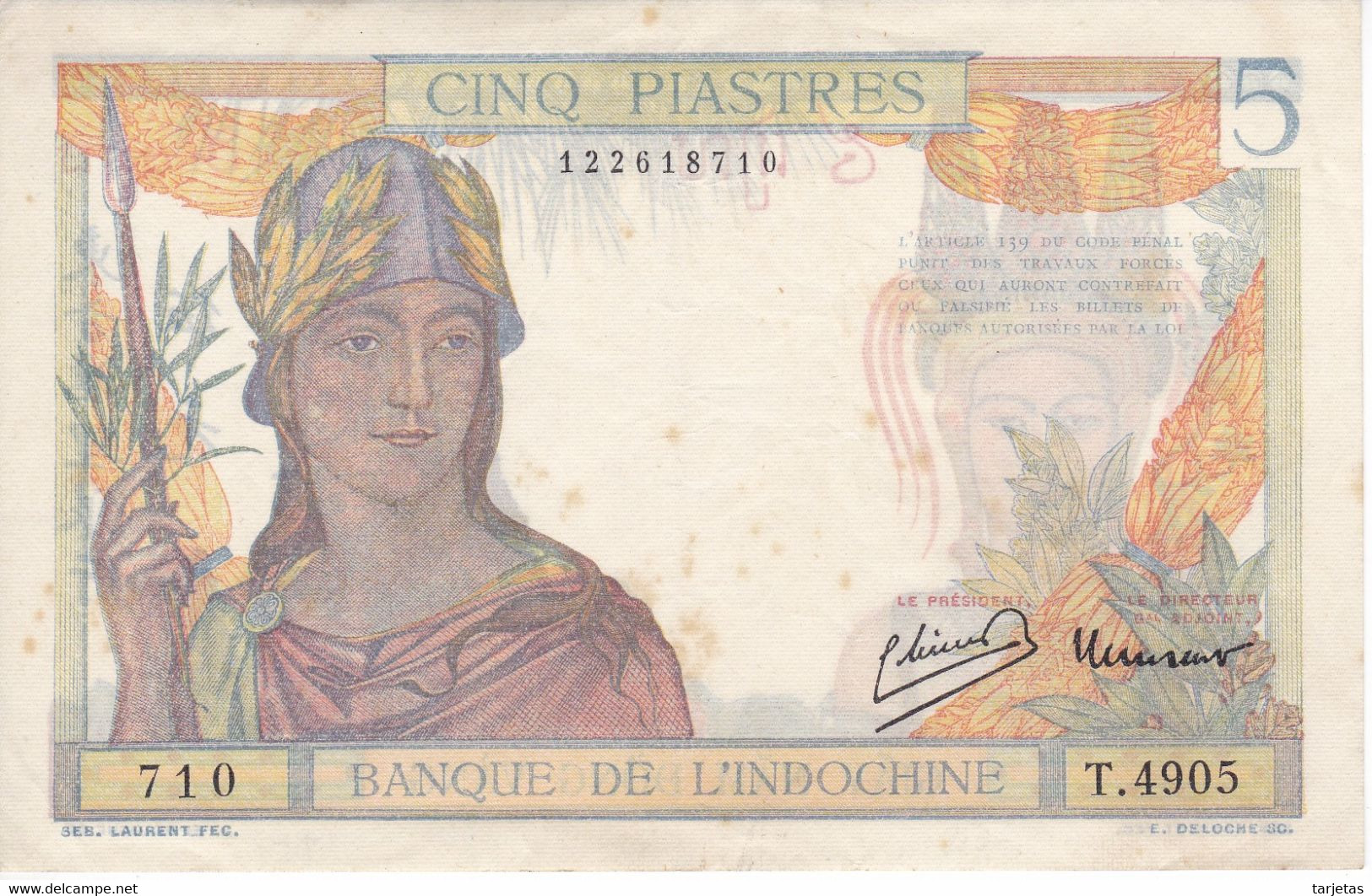 BILLETE DE BANQUE DE L'INDOCHINE DE 5 PIASTRES DEL AÑO 1936 (BANKNOTE) - Indochine