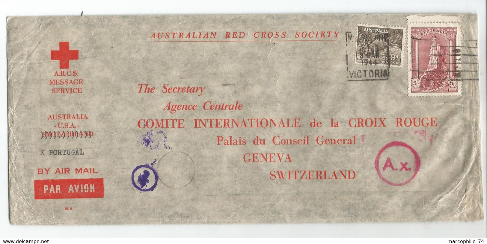 AUSTRALIA 9D+5/ LARGE COVER MESSAGE SERVICE RED CROSS AUSTRALIAN VICTORIA 1944 AIR MAIL TO GENEVE SUISSE CENSURE - Brieven En Documenten