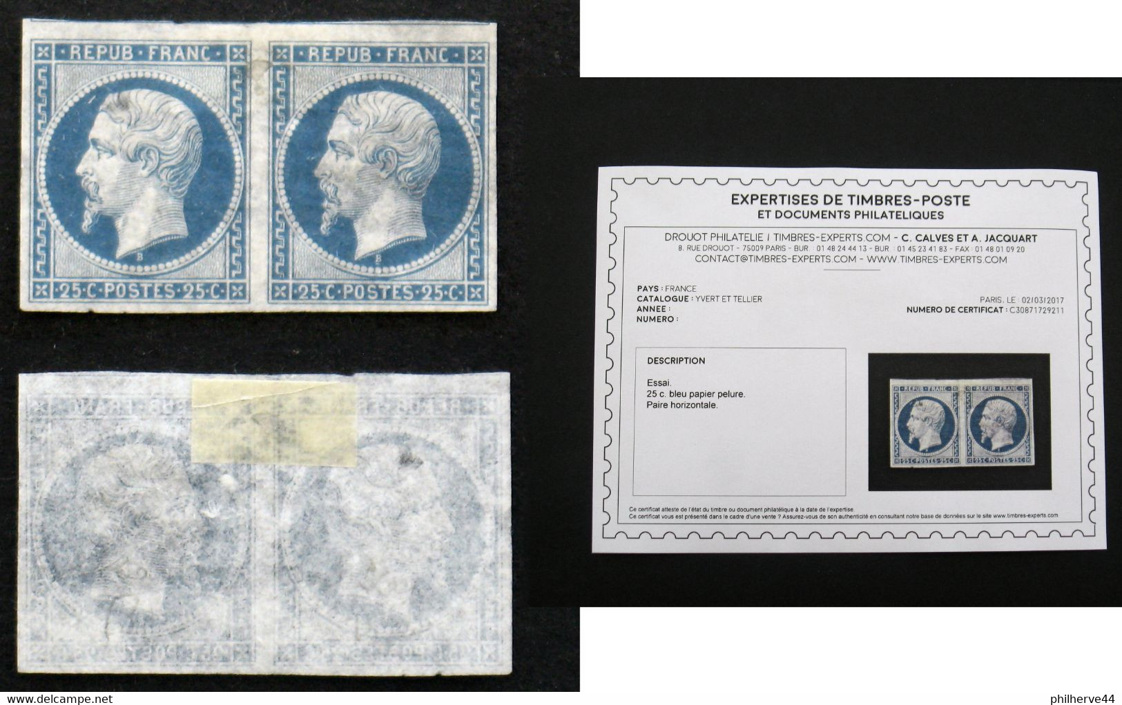 N° 10 25c  REPUB Essai Papier Pelure SUPERBE Neuf Cote 600€ Certificat Calves - 1852 Louis-Napoléon