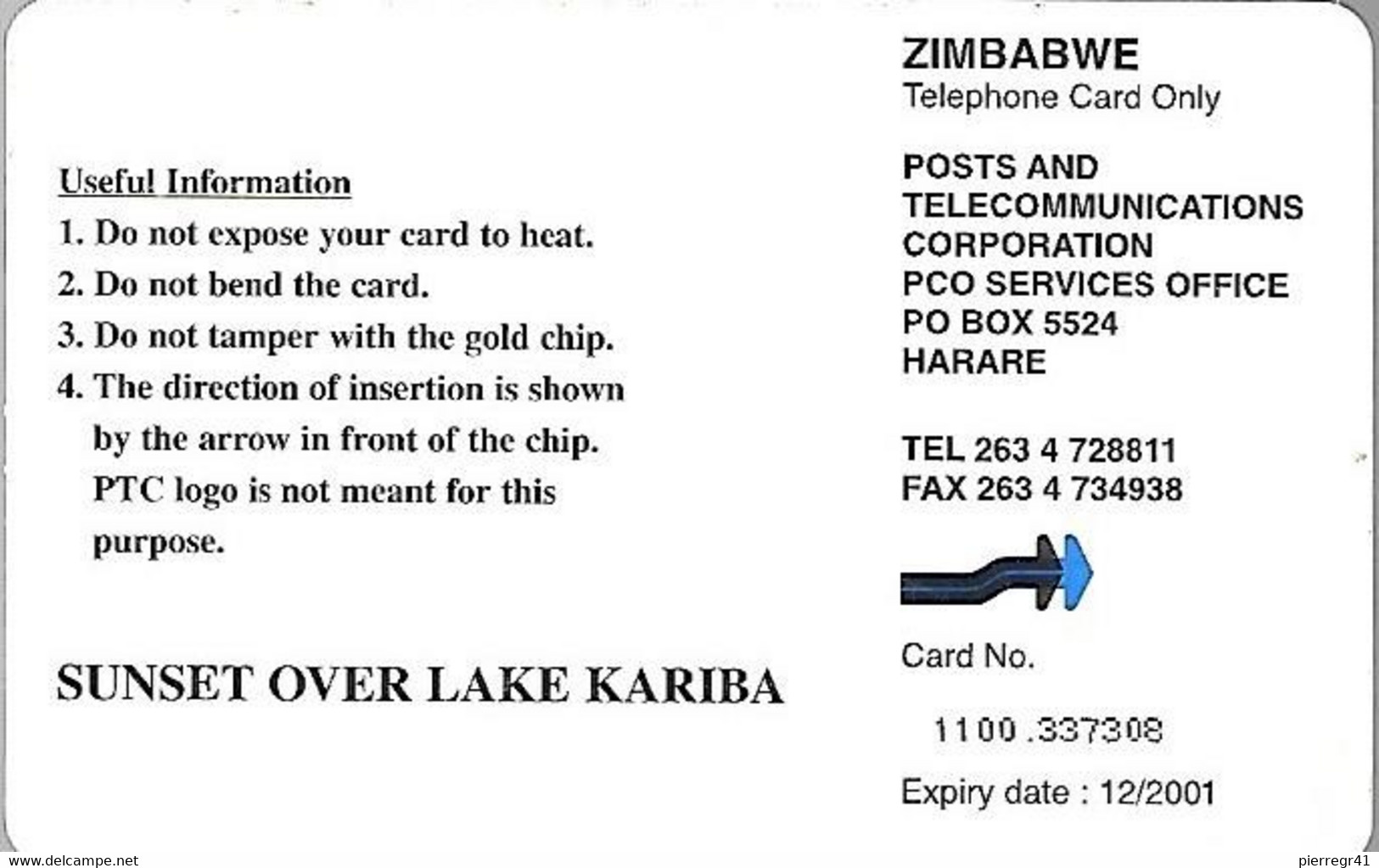 CARTE-PUCE-ZIMBABWE-Gem6-100$-2001-COUCHER SOLEIL Sur LAC KARIBA-Utilisé TBE/RARE - Zimbabwe
