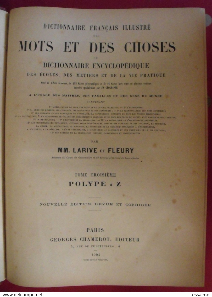 dictionnaire français illustré des mots et des choses. Larive & Fleury. 1904. en 3 tomes