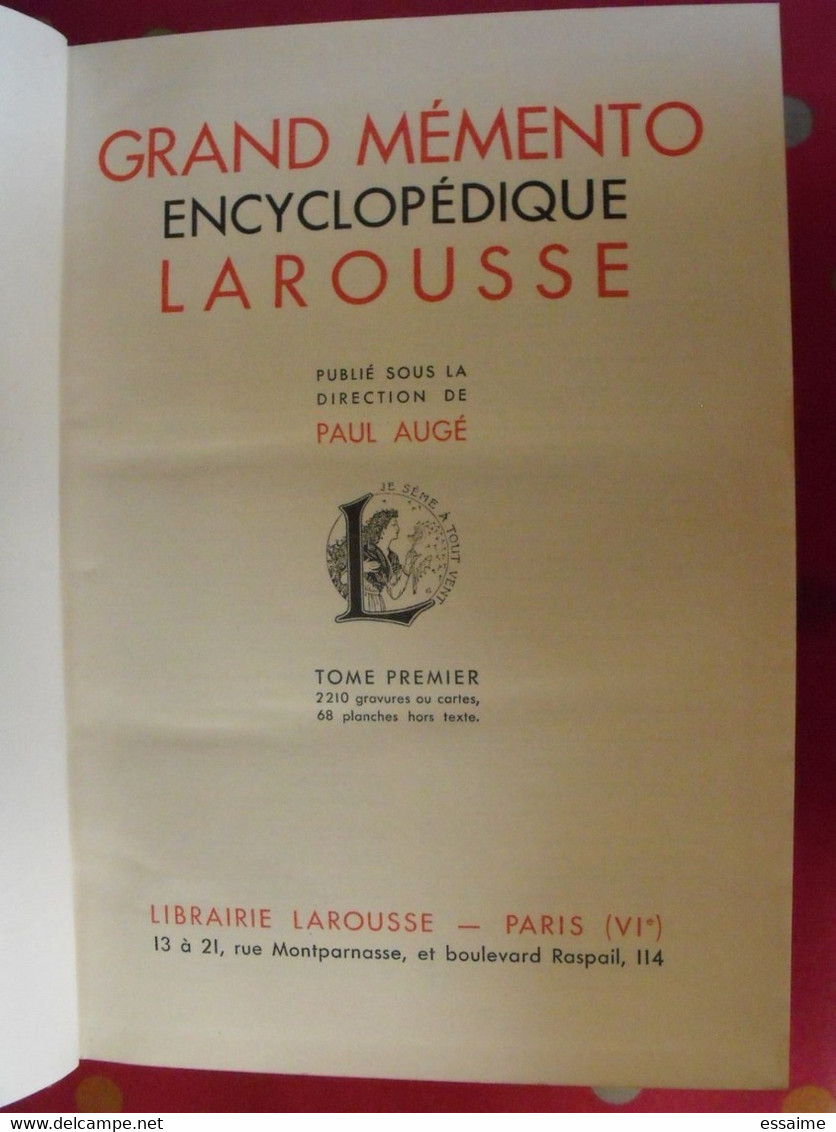 grand memento Larousse (en 2 tomes). 1936. geographie histoire beaux-arts physique chimie zoologie sports botanique