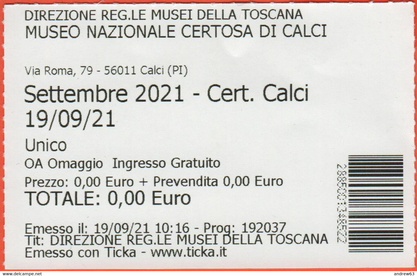 ITALIA - ITALY - ITALIE - Museo Nazionale Certosa Di Calci - Biglietto D'ingresso OA Omaggio - Usato - Tickets D'entrée