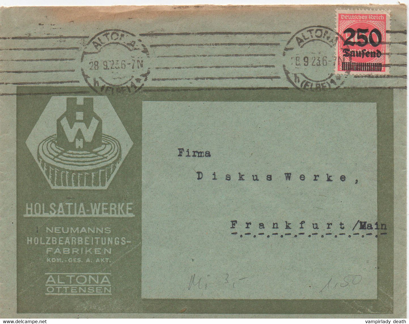 Brief,  Altona, Ottensen, Hamburg, Fa. "Holsatia - Werke", Holzbearbeitung, Gel. 1923 - Brieven En Documenten