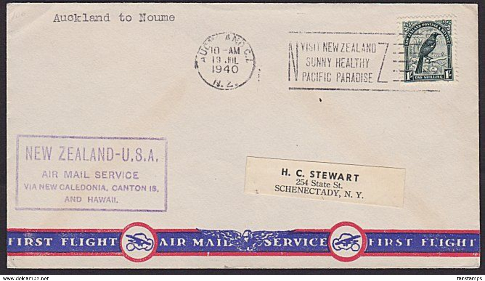 1940 NZ - USA Flight Cover Via Noumea Franked With 1/- Tui Bird - Airmail