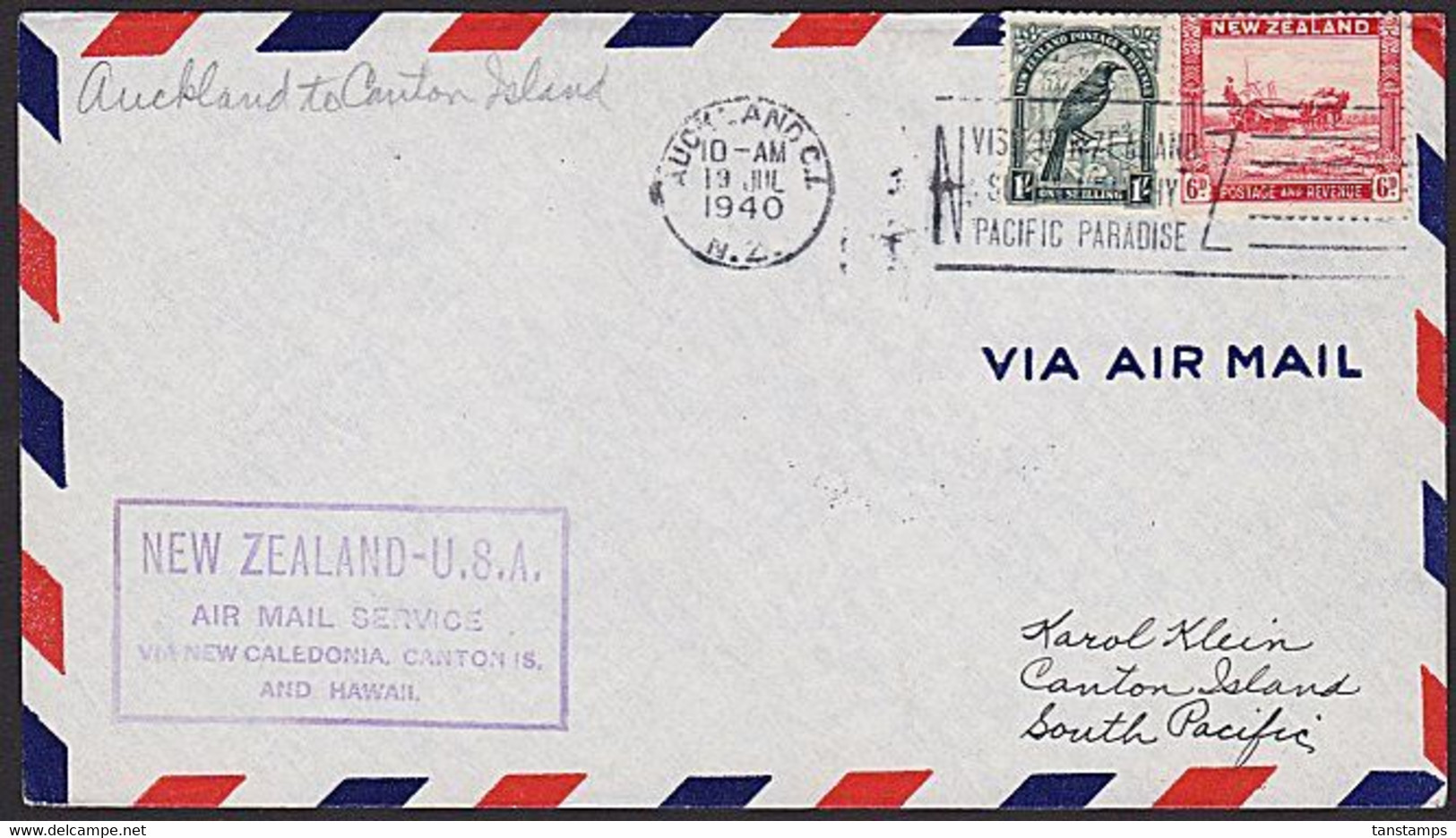 1940 NZ - CANTON ISLAND USA Flight Cover 1/6 Rate TOURISM SLOGAN - Posta Aerea