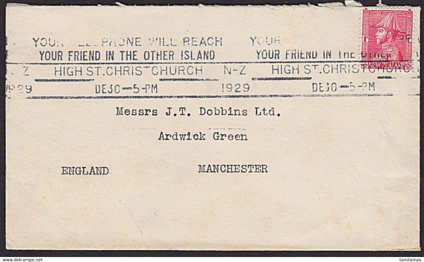 1929 NZ - ENGLAND ADMIRAL Cover 1d Rate TELEPHONE SLOGAN - Storia Postale