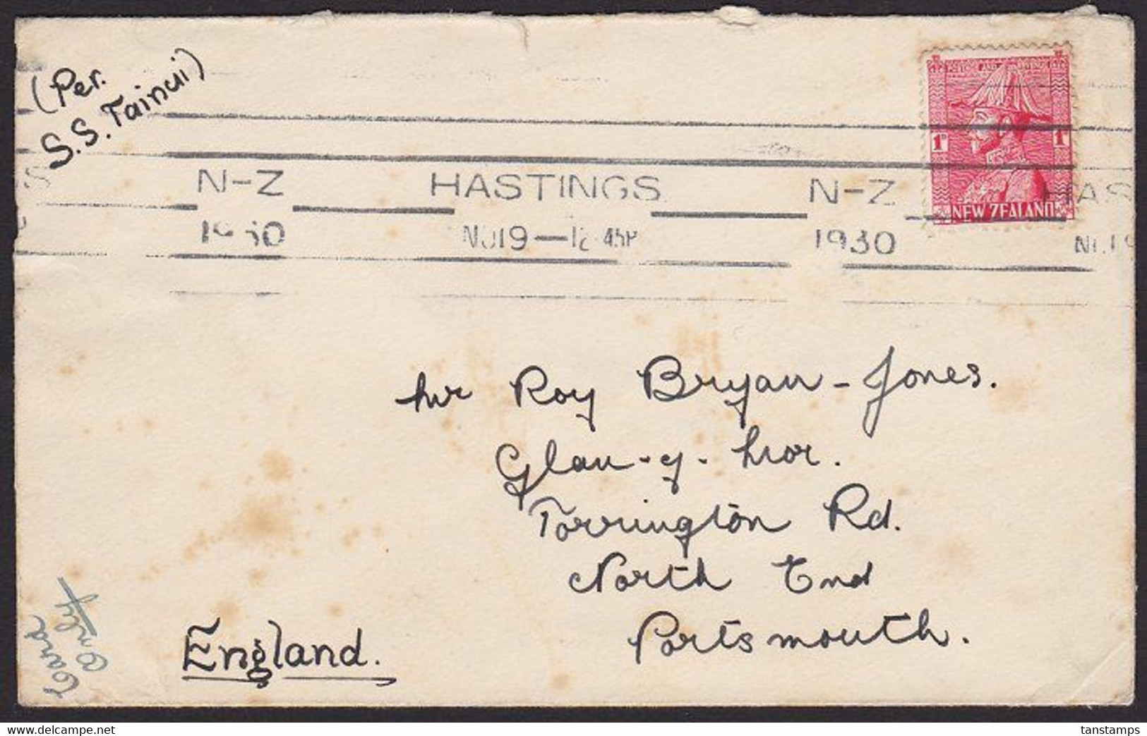 1930 NZ - ENGLAND ADMIRAL Cover 1d Rate Per SS TAINUI - Briefe U. Dokumente